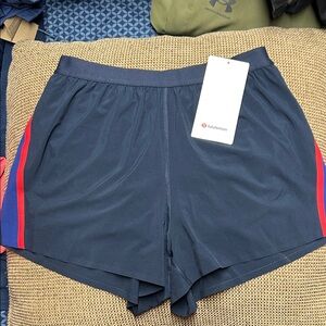 lululemon athletica Navy Athletic Shorts with Red and Blue Side Stripes